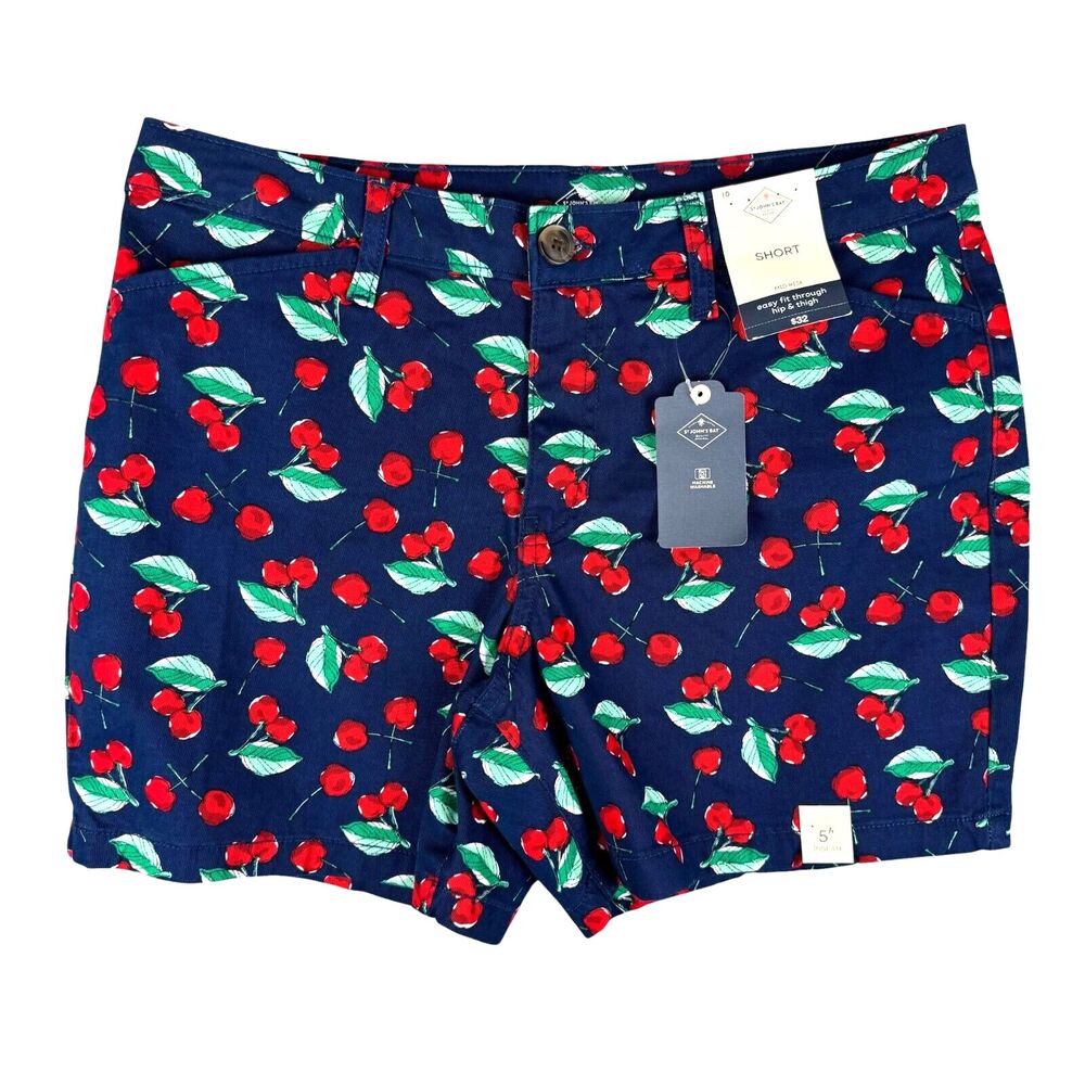 St. Johns Bay Shorts Women's 10 Navy Blue Mid Rise 5" Inseam Short Cherries NWT